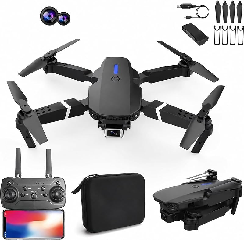 Drone E88 Pro barato dobrável, indicado como brinquedo para iniciantes e crianças